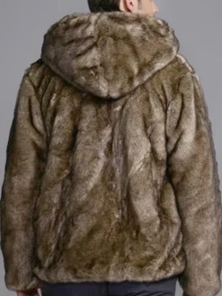 Manteau de Fausse Fourrure 2026 à Capuche Corne Basculer Marron Veste Manche Longue Manteau d'Hiver Homme