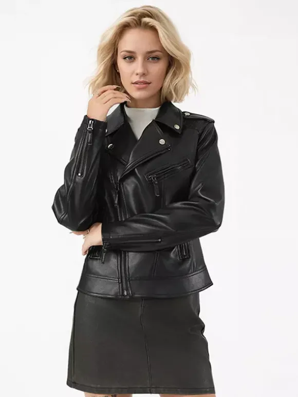 Manteau de motard en cuir rétro à rivets sur les épaules fermeture éclair asymétrique manches longues slim