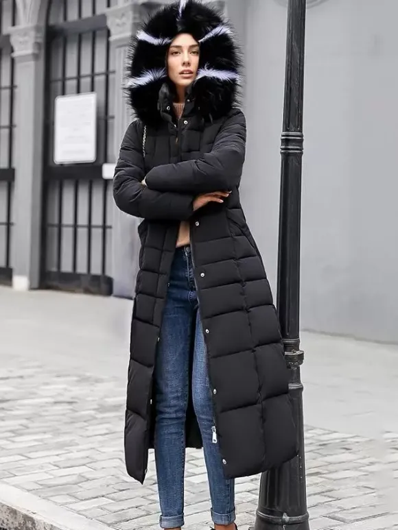 Manteau d'hiver à capuche avec col en fausse fourrure amovible et ceinture pour femme