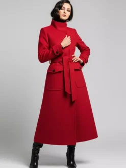 Manteau d'hiver long en laine à col montant et ceinture avec poches fonctionnelles pour femme 2026
