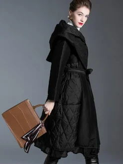 Manteau d'hiver noir à capuche avec ceinture pour femme