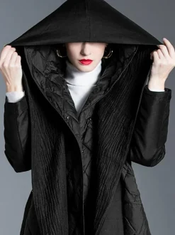Manteau d'hiver noir à capuche avec ceinture pour femme