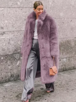 Manteau en fausse fourrure avec revers crantés couleur unie veste longue d'hiver écologique pour femme 2026