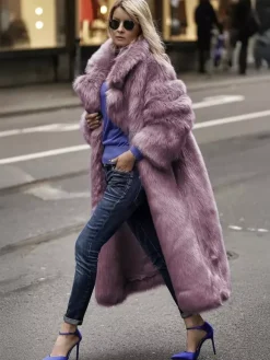 Manteau en fausse fourrure avec revers crantés couleur unie veste longue d'hiver écologique pour femme 2026