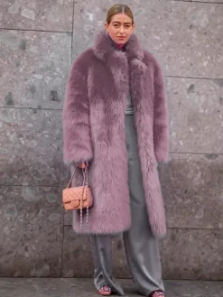 Manteau en fausse fourrure avec revers crantés couleur unie veste longue d'hiver écologique pour femme 2026