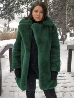 Manteau en fausse fourrure à revers crantés Veste longue chic et écologique pour femme 2026