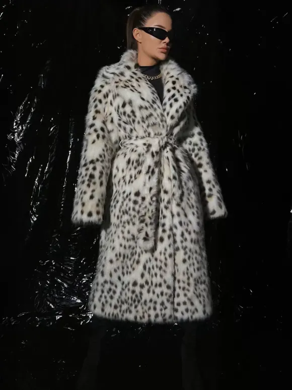 Manteau en fausse fourrure imprimé léopard veste longue surdimensionnée à revers et ceinture pour l'hiver 2026