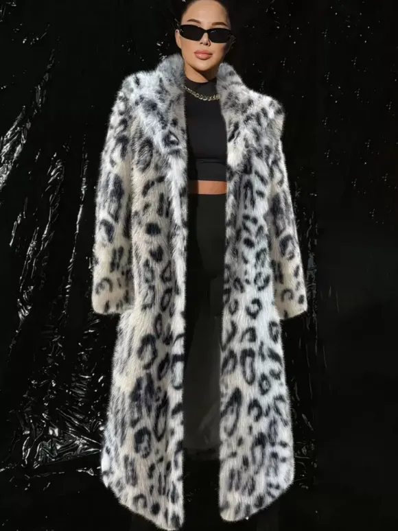 Manteau en fausse fourrure imprimé léopard veste longue surdimensionnée à revers et ceinture pour l'hiver 2026