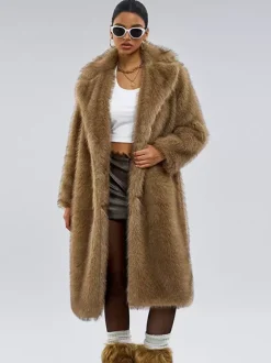 Manteau en fausse fourrure à revers cranté veste longue d'hiver oversize pour femme 2026