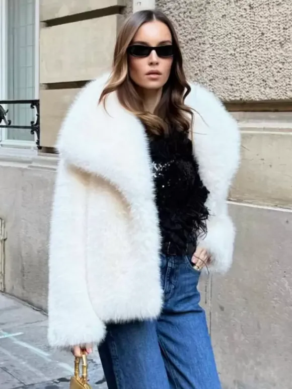 Manteau En Fausse Fourrure À Revers Chic Veste Blanche D'hiver