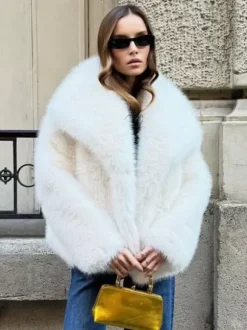 Manteau En Fausse Fourrure À Revers Chic Veste Blanche D'hiver
