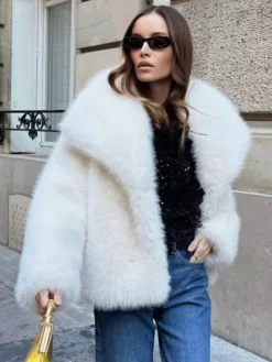 Manteau En Fausse Fourrure À Revers Chic Veste Blanche D'hiver