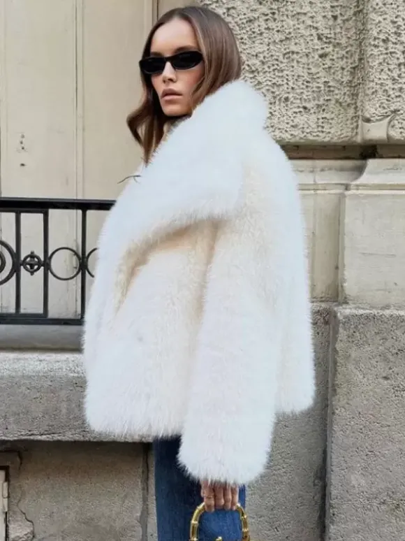 Manteau En Fausse Fourrure À Revers Chic Veste Blanche D'hiver
