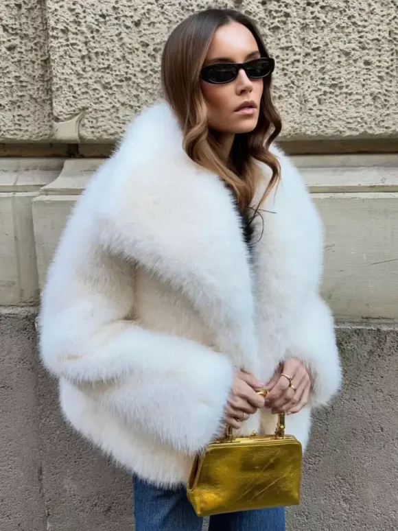 Manteau En Fausse Fourrure À Revers Chic Veste Blanche D'hiver