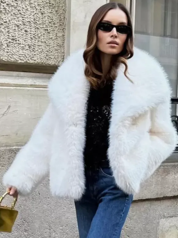 Manteau En Fausse Fourrure À Revers Chic Veste Blanche D'hiver