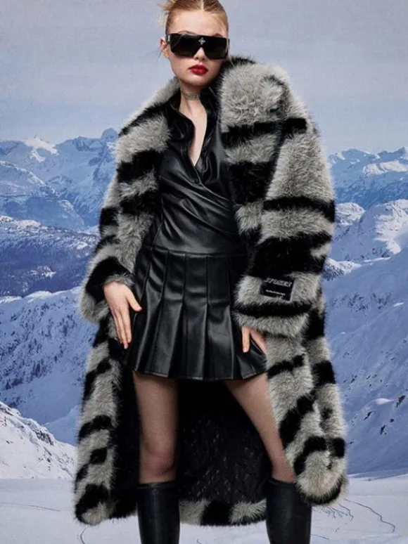 Manteau en fausse fourrure à imprimé zèbre col rabattu veste longue surdimensionnée et écologique pour femme 2026