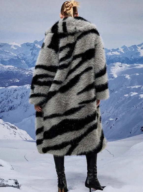 Manteau en fausse fourrure à imprimé zèbre col rabattu veste longue surdimensionnée et écologique pour femme 2026