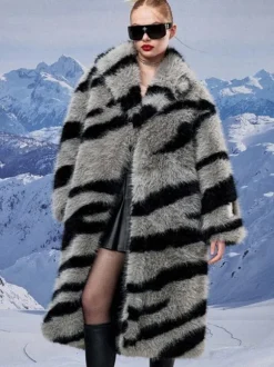 Manteau en fausse fourrure à imprimé zèbre col rabattu veste longue surdimensionnée et écologique pour femme 2026