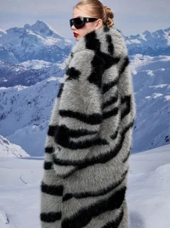 Manteau en fausse fourrure à imprimé zèbre col rabattu veste longue surdimensionnée et écologique pour femme 2026