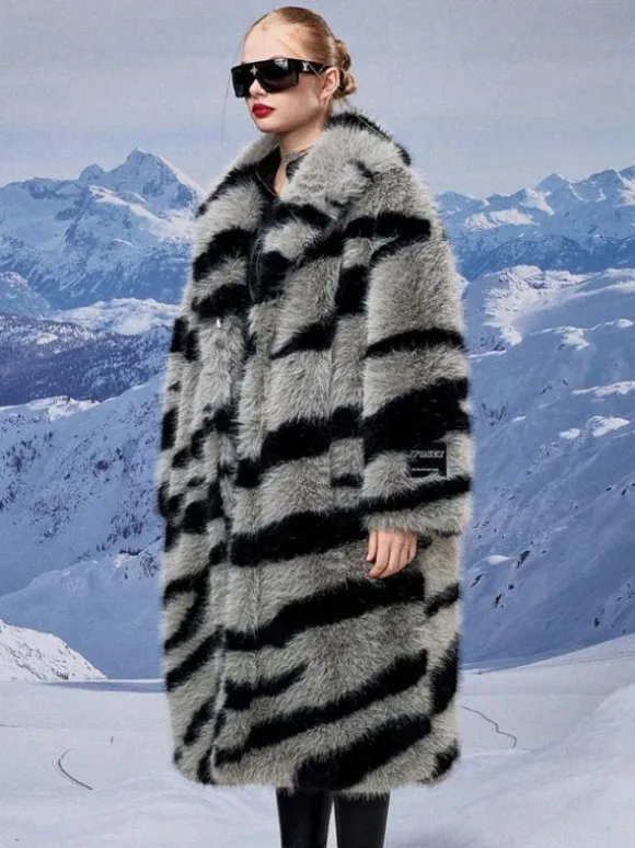 Manteau en fausse fourrure à imprimé zèbre col rabattu veste longue surdimensionnée et écologique pour femme 2026