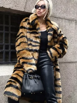 Manteau en fausse fourrure imprimé tigre hiver midi manteau en fourrure écologique pour femme 2026