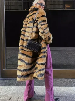 Manteau en fausse fourrure imprimé tigre hiver midi manteau en fourrure écologique pour femme 2026