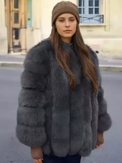 Manteau en fausse fourrure à col ras du cou pour femme veste d'hiver écologique en fourrure 2026