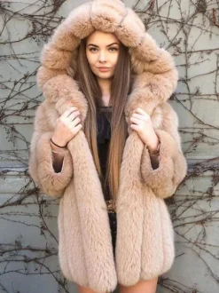 Manteau en fausse fourrure en peluche avec capuche Veste mi-longue en fourrure écologique d'hiver pour femme 2026