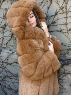 Manteau en fausse fourrure en peluche avec capuche Veste mi-longue en fourrure écologique d'hiver pour femme 2026