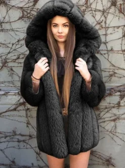 Manteau en fausse fourrure en peluche avec capuche Veste mi-longue en fourrure écologique d'hiver pour femme 2026