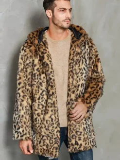 Manteau En Fausse Fourrure Léopard Homme Manches Longues Chaud Hiver Col Rabattu Capuche