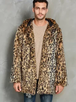 Manteau En Fausse Fourrure Léopard Homme Manches Longues Chaud Hiver Col Rabattu Capuche