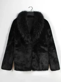 Manteau En Fausse Fourrure Noir Homme Manches Longues Chaud Hiver Col Rabattu