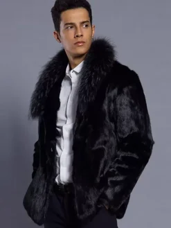 Manteau En Fausse Fourrure Noir Homme Manches Longues Chaud Hiver Col Rabattu