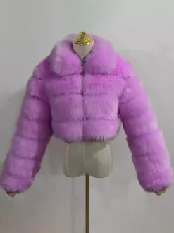 Manteau en fausse fourrure pelucheuse à col rabattu pour femme veste courte d'hiver 2026