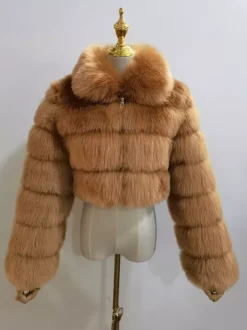 Manteau en fausse fourrure pelucheuse à col rabattu pour femme veste courte d'hiver 2026