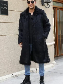 Manteau En Fausse Fourrure Long Noir Homme Manches Longues Chaud Hiver Col Rabattu