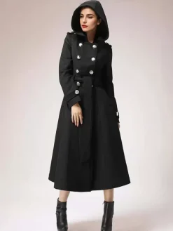 Manteau en laine à double boutonnage avec capuche bordeaux ceinturé vêtements d'extérieur longs d'hiver pour femmes 2026