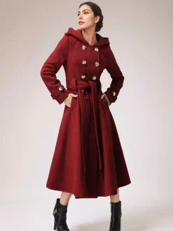 Manteau en laine à double boutonnage avec capuche bordeaux ceinturé vêtements d'extérieur longs d'hiver pour femmes 2026