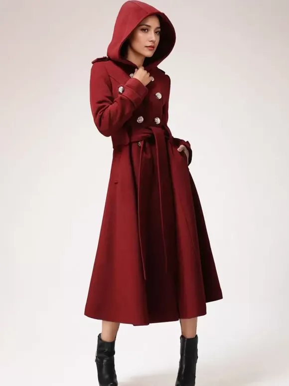 Manteau en laine à double boutonnage avec capuche bordeaux ceinturé vêtements d'extérieur longs d'hiver pour femmes 2026