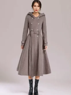 Manteau en laine à double boutonnage avec capuche bordeaux ceinturé vêtements d'extérieur longs d'hiver pour femmes 2026