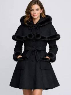 Manteau en laine mélangée bordé de fausse fourrure et ceinturé avec cape à capuche pour femme 2026