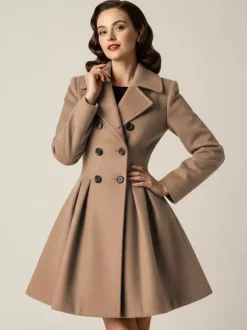 Manteau en laine rouge rétro années 1950 coupe trapèze croisé pour femme (2026)