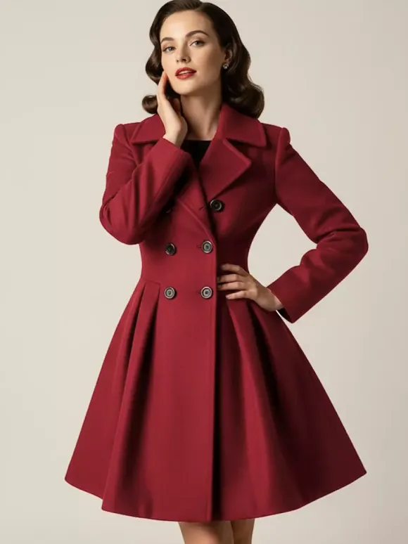 Manteau en laine rouge rétro années 1950 coupe trapèze croisé pour femme (2026)
