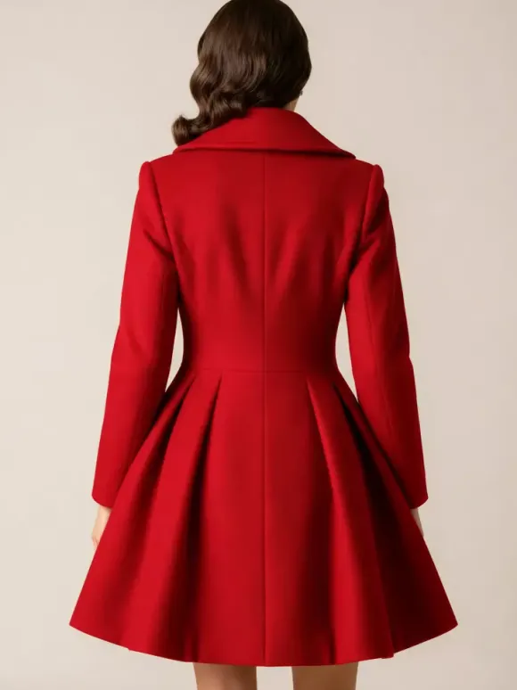 Manteau en laine rouge rétro années 1950 coupe trapèze croisé pour femme (2026)