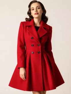 Manteau en laine rouge rétro années 1950 coupe trapèze croisé pour femme (2026)