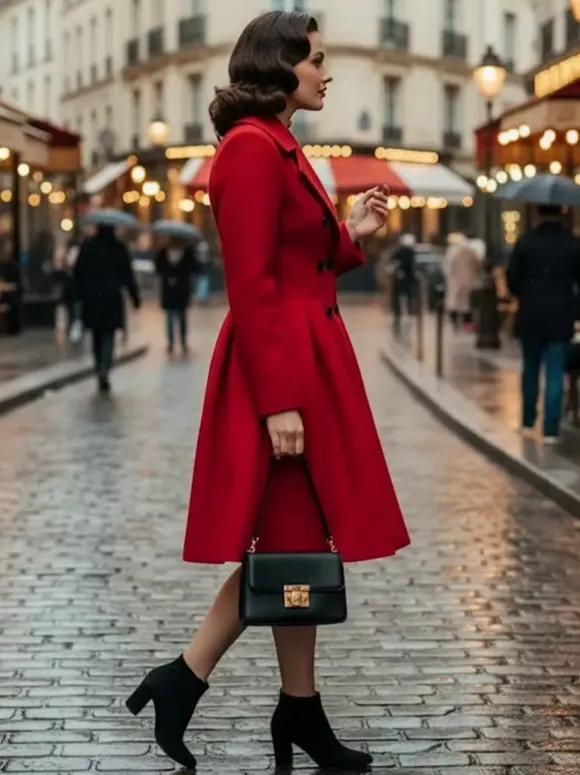 Manteau en laine rouge rétro années 1950 coupe trapèze croisé pour femme (2026)