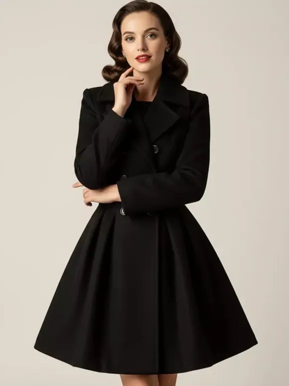 Manteau en laine rouge rétro années 1950 coupe trapèze croisé pour femme (2026)