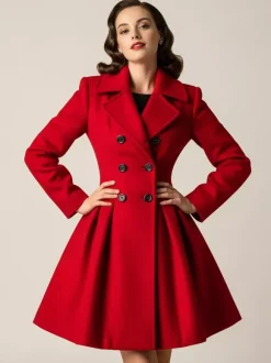 Manteau en laine rouge rétro années 1950 coupe trapèze croisé pour femme (2026)