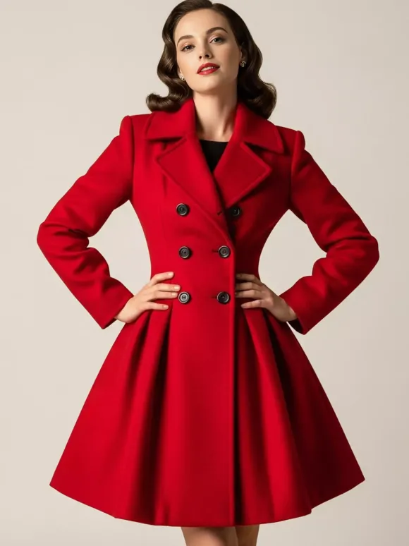 Manteau en laine rouge rétro années 1950 coupe trapèze croisé pour femme (2026)